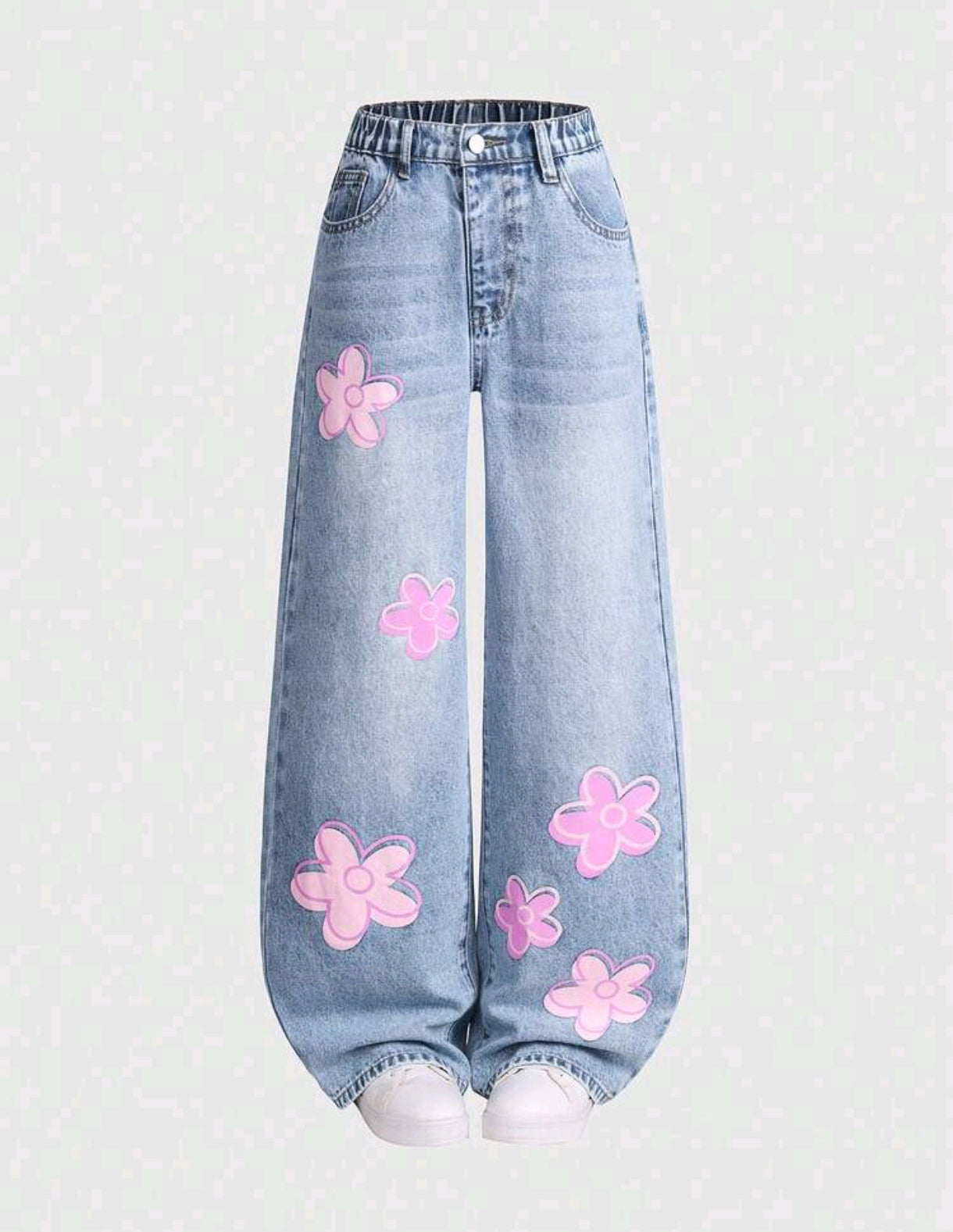 Pantalón de Jeans preadolescente pierna ancha, detalles floral