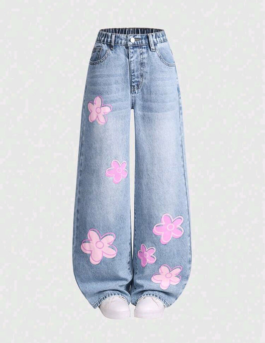Pantalón de Jeans preadolescente pierna ancha, detalles floral