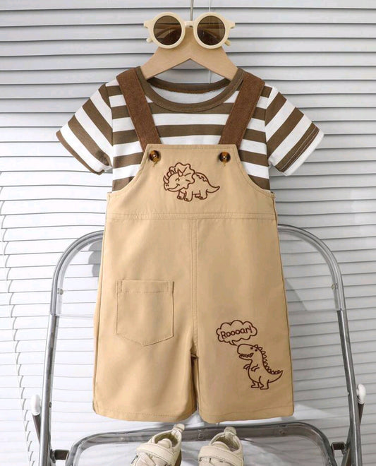 remera a rayas+ overol con diseño de Dino