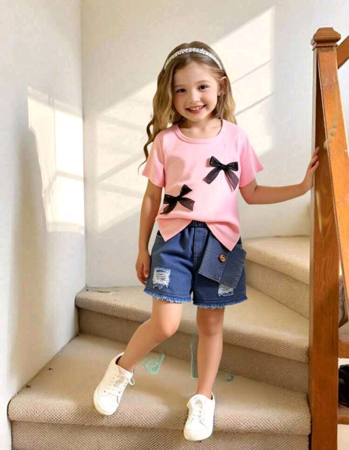 Remera con moños + short de jeans ( incluye el bolsito)