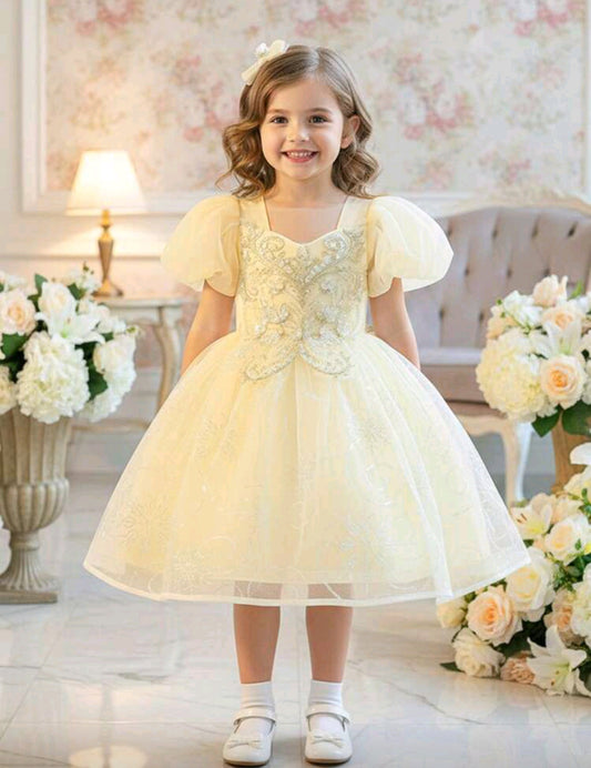 Vestido elegante, mangas abullonadas con detelles en lentejuelas