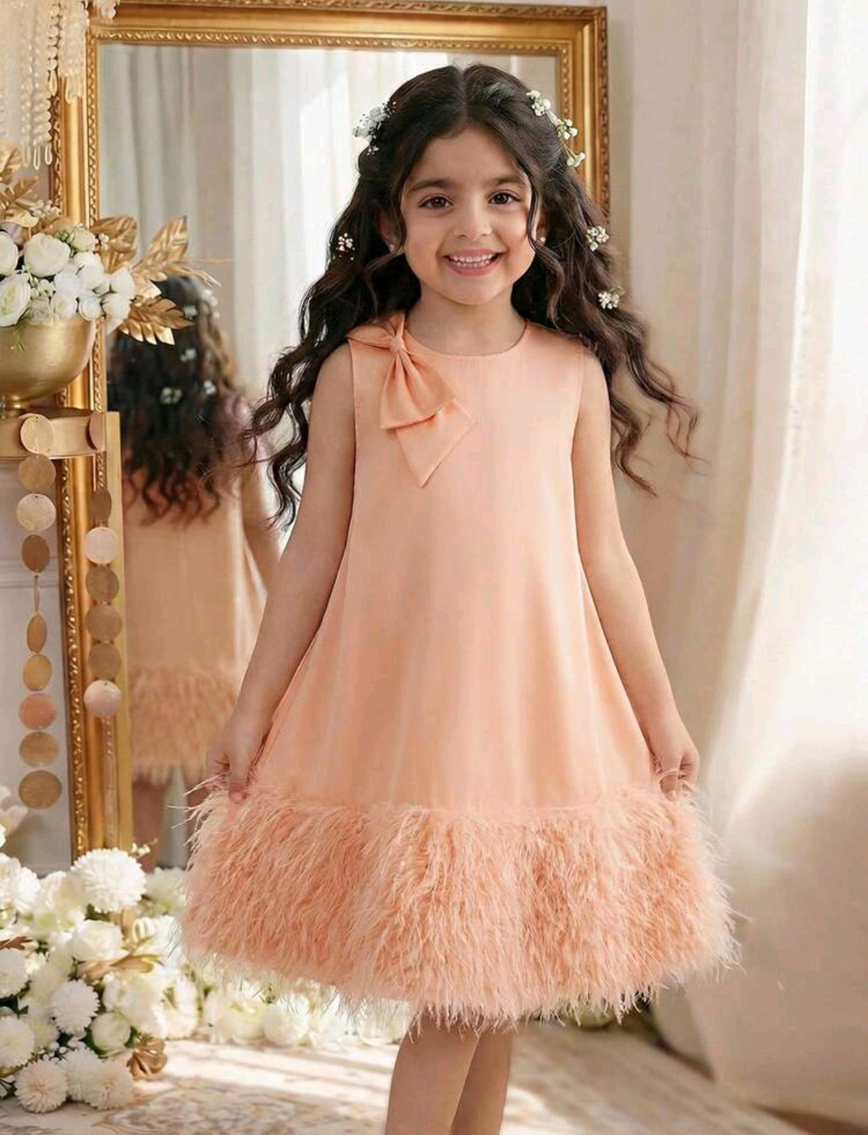 Vestido Chic sin mangas con lazo decorativo y plumitas