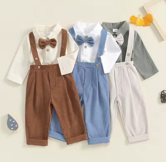 Body camisa+ moño+ pantalón de corderoy con tirantes