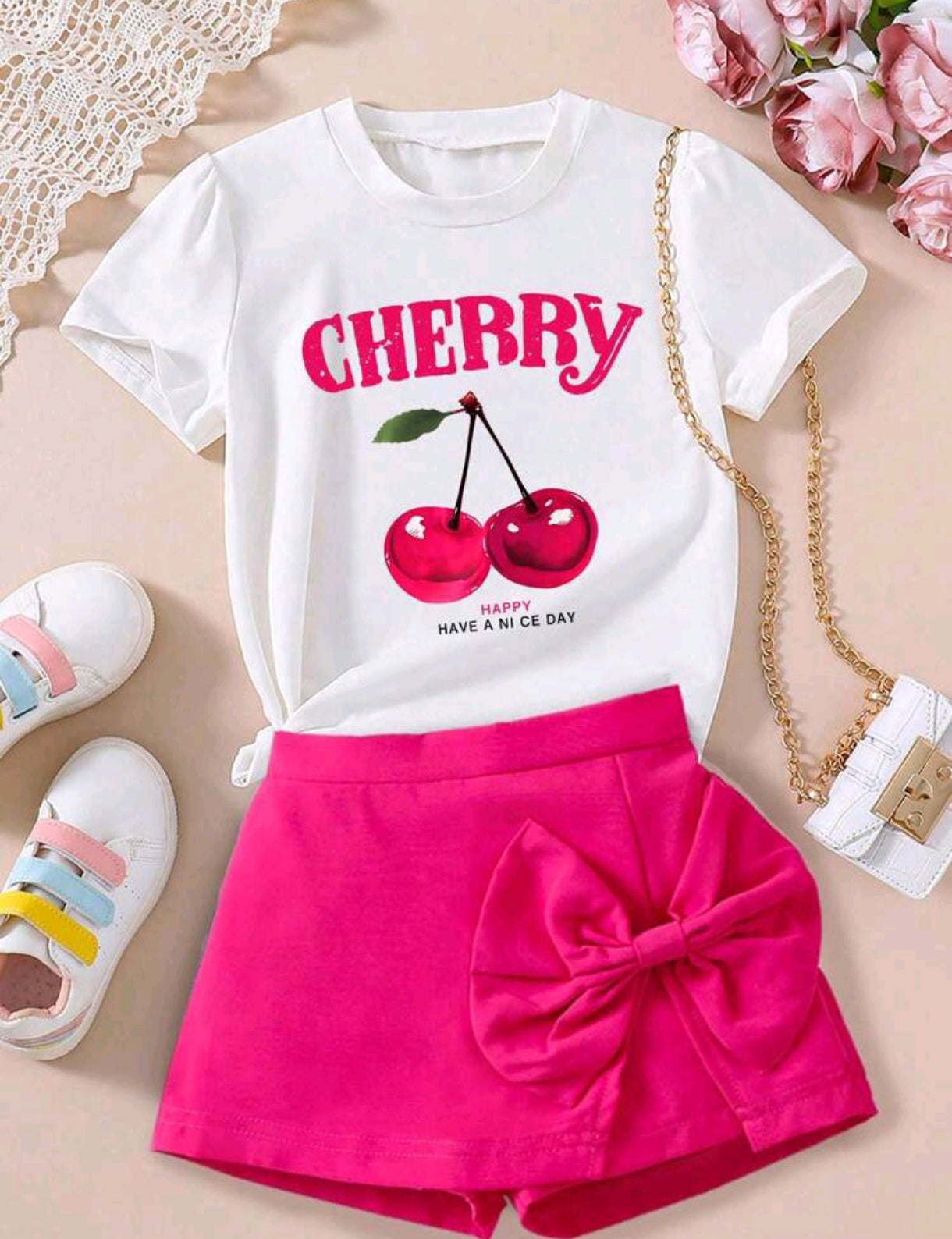 Remera con estampa de cereza+ short pollera