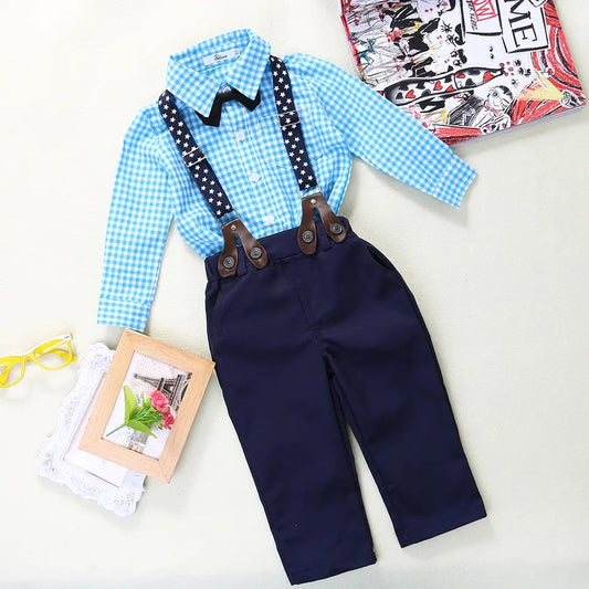 Conjunto niño. Camisa a cuadro+ pantalón+ suspensorio+ moño