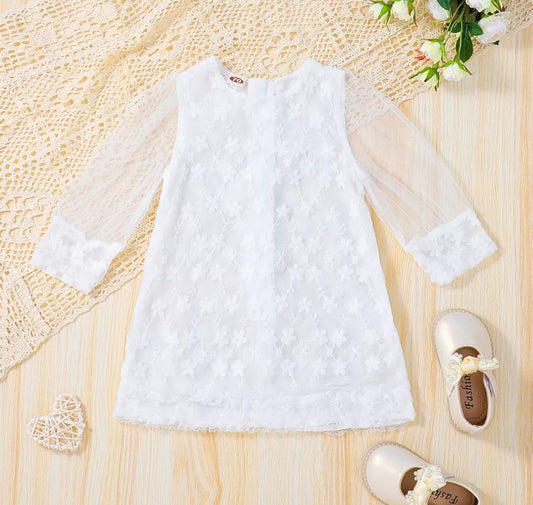 Vestido blanco con encajes y mangas transparentes