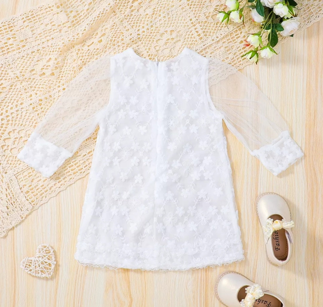 Vestido blanco con encajes y mangas transparentes
