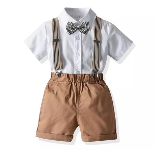 Conjunto niño, camisa+moño+ short con tirantes